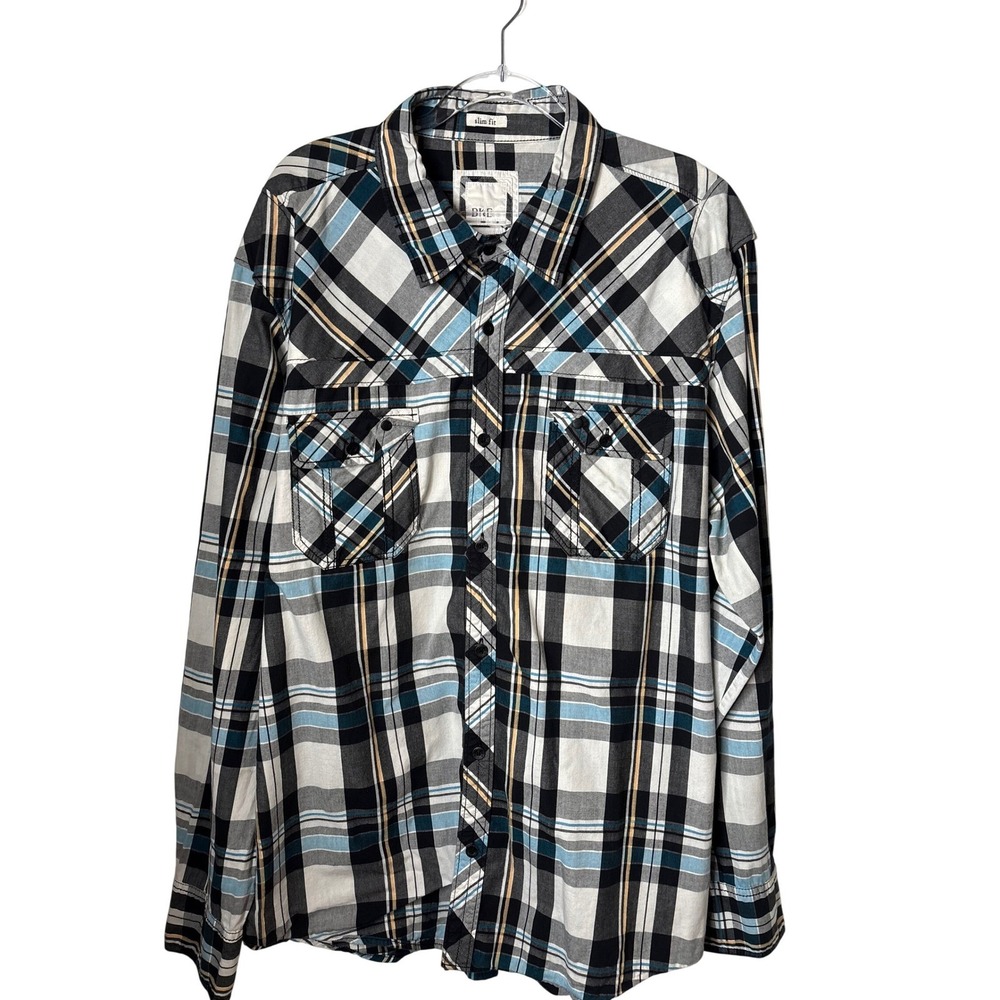 BKE Plaid Button Down Shirt Mens XXL Black Blue Slim Fit Long Sleeve